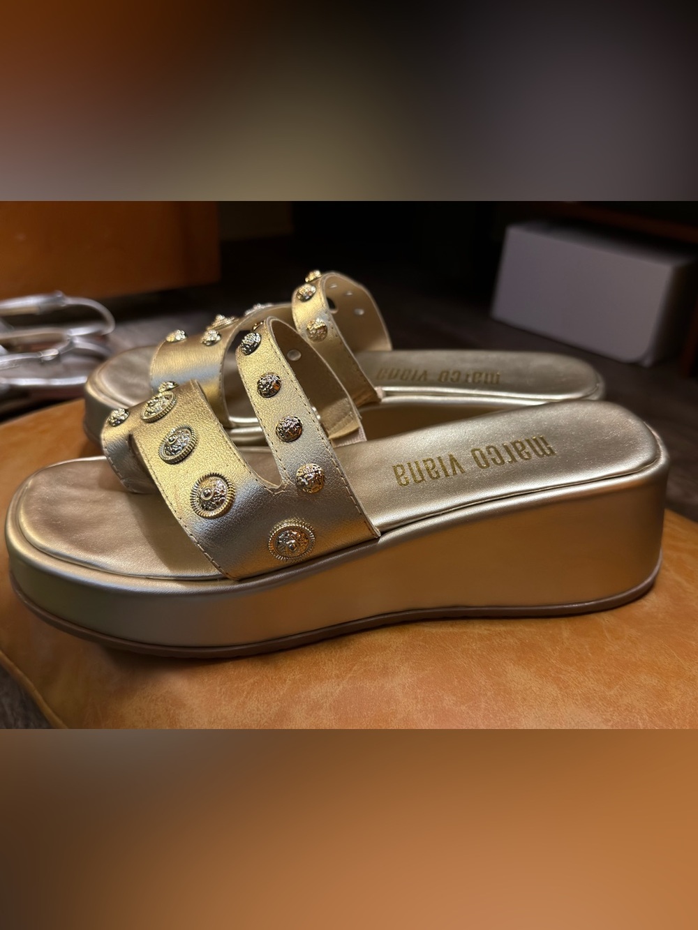 Hand made by Marco Viana (Brazilian shoes maker) Gold Studded Platform